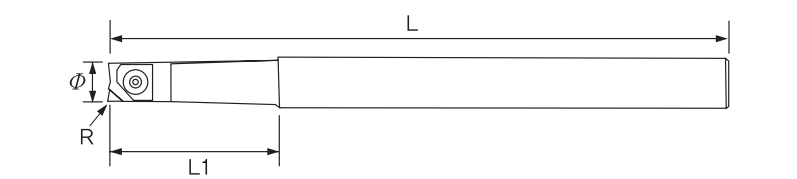 Technische Zeichnung eines seitlich liegenden Wendeplattenbohrer. Schwarze Linien aus weißem Hintergrund. Mit Größenangaben.