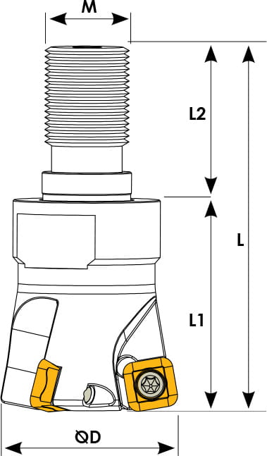 Technische Zeichnung eines Einschraubfräsers. Schwarze Linien auf weißem Hintergrund. Die Wendeplatten sind in Gelb angezeigt. Mit Größenangaben.