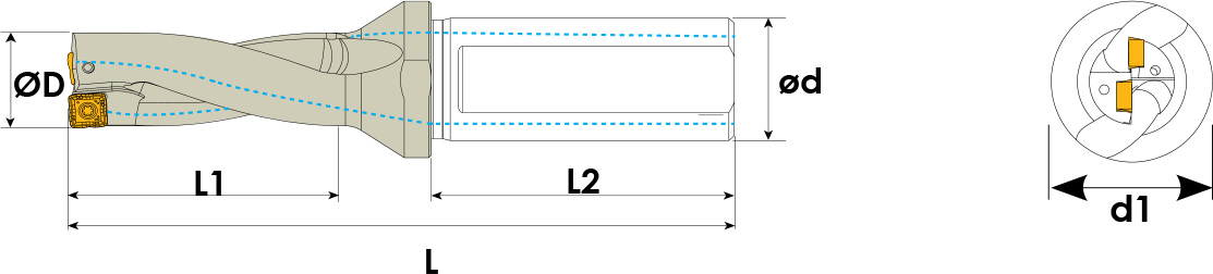 Technische Zeichnung eines Vollbohrers. Schwarze Linien auf weißem Hintergrund. Die Wendeplatten sind in Gelb angezeigt. Links befindet sich eine Seitenansicht, auf der rechten eine Vorderansicht. Mit Größenangaben.