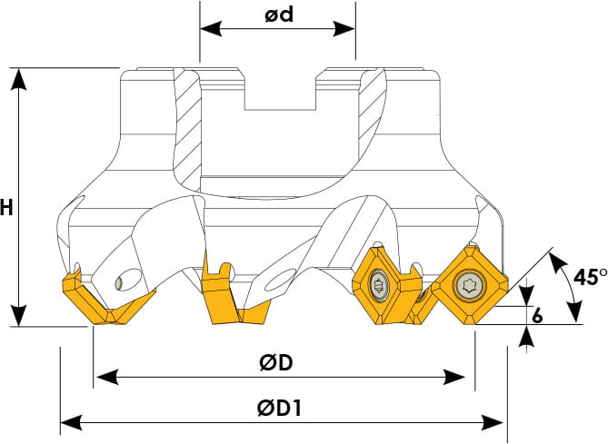 Technische Zeichnung eines Eckmesserkopfes. Schwarze Linien auf weißem Hintergrund. Die Wendeplatten sind in Gelb angezeigt. Mit Größenangaben.