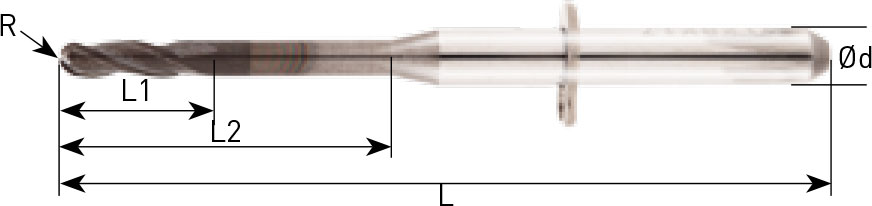 Seitenansicht eines Schaftfräsers auf weißem Hintergrund. Neben dem Fräser sind Linien und Buchstaben für die Größenangabe gezeichnet.