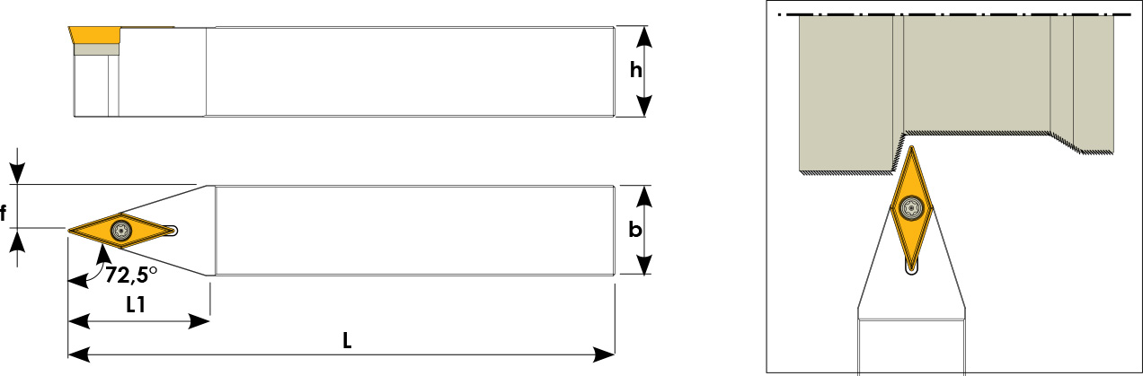Technische Zeichnung eines Stech-Klemmhalters. Schwarze Linien auf weißem Hintergrund. Die Wendeplatten sind in Gelb angezeigt. Mit Größenangaben. Links befinden sich eine Vorder- und Seitenansicht, links davon ein Benutzungsbeispiel.