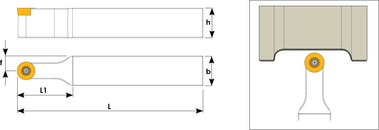 Technische Zeichnung eines Stech-Klemmhalters. Schwarze Linien auf weißem Hintergrund. Die Wendeplatten sind in Gelb angezeigt. Mit Größenangaben. Links befinden sich eine Vorder- und Seitenansicht, links davon ein Benutzungsbeispiel.