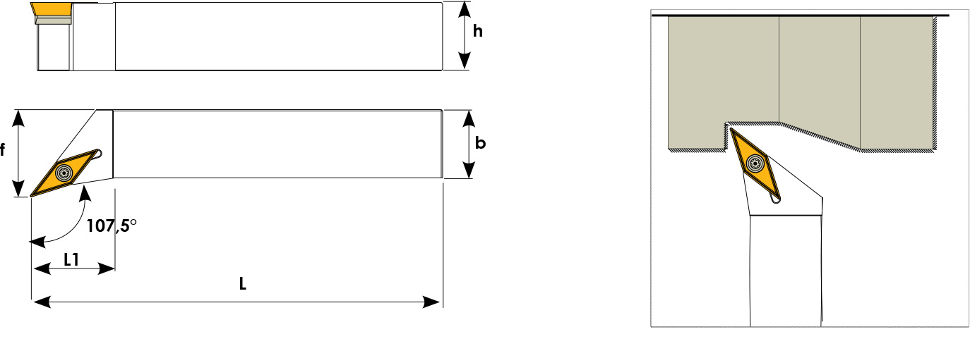 Technische Zeichnung eines Stech-Klemmhalters. Schwarze Linien auf weißem Hintergrund. Die Wendeplatten sind in Gelb angezeigt. Mit Größenangaben. Links befinden sich eine Vorder- und Seitenansicht, links davon ein Benutzungsbeispiel.