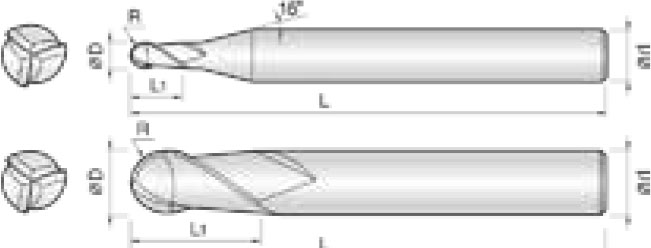 Technische Zeichnung von zwei Schaftfräser. Seitenansicht, daneben befindet sich zwei Vorderansichten. Neben den Zeichnungen befinden sich Linien und Buchstaben für die Größenangaben.