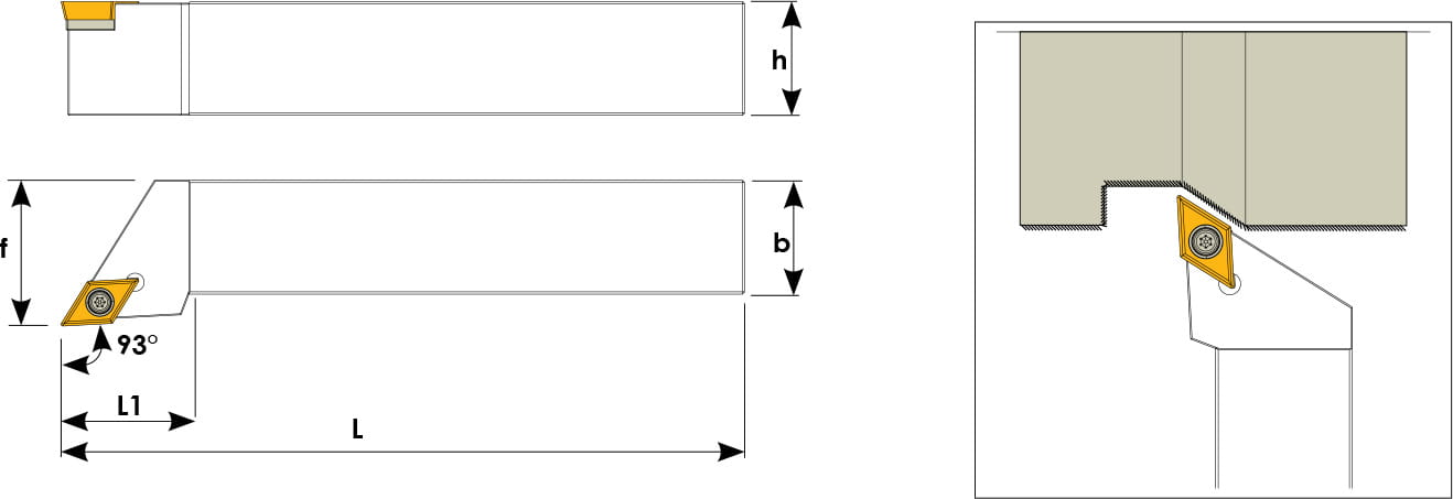 Technische Zeichnung eines Stech-Klemmhalters. Schwarze Linien auf weißem Hintergrund. Die Wendeplatten sind in Gelb angezeigt. Mit Größenangaben. Links befinden sich eine Vorder- und Seitenansicht, links davon ein Benutzungsbeispiel.