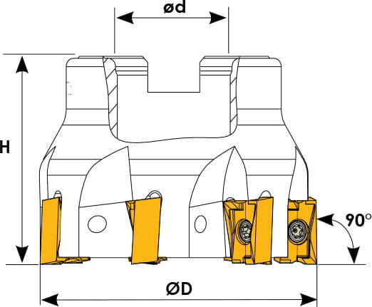 Technische Zeichnung eines Eckmesserkopfes. Schwarze Linien auf weißem Hintergrund. Die Wendeplatten sind in Gelb angezeigt. Mit Größenangaben.