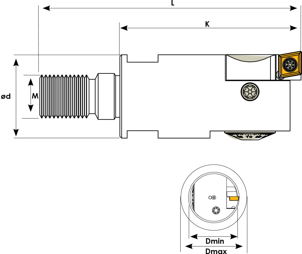 Technische Zeichnung eines Ausdrehwerkzeugs. Schwarze Linien auf weißem Hintergrund. Die Wendeplatten sind in Gelb angezeigt. Mit Größenangaben. Oben befindet sich eine Seitenansicht, unten eine Vorderansicht.