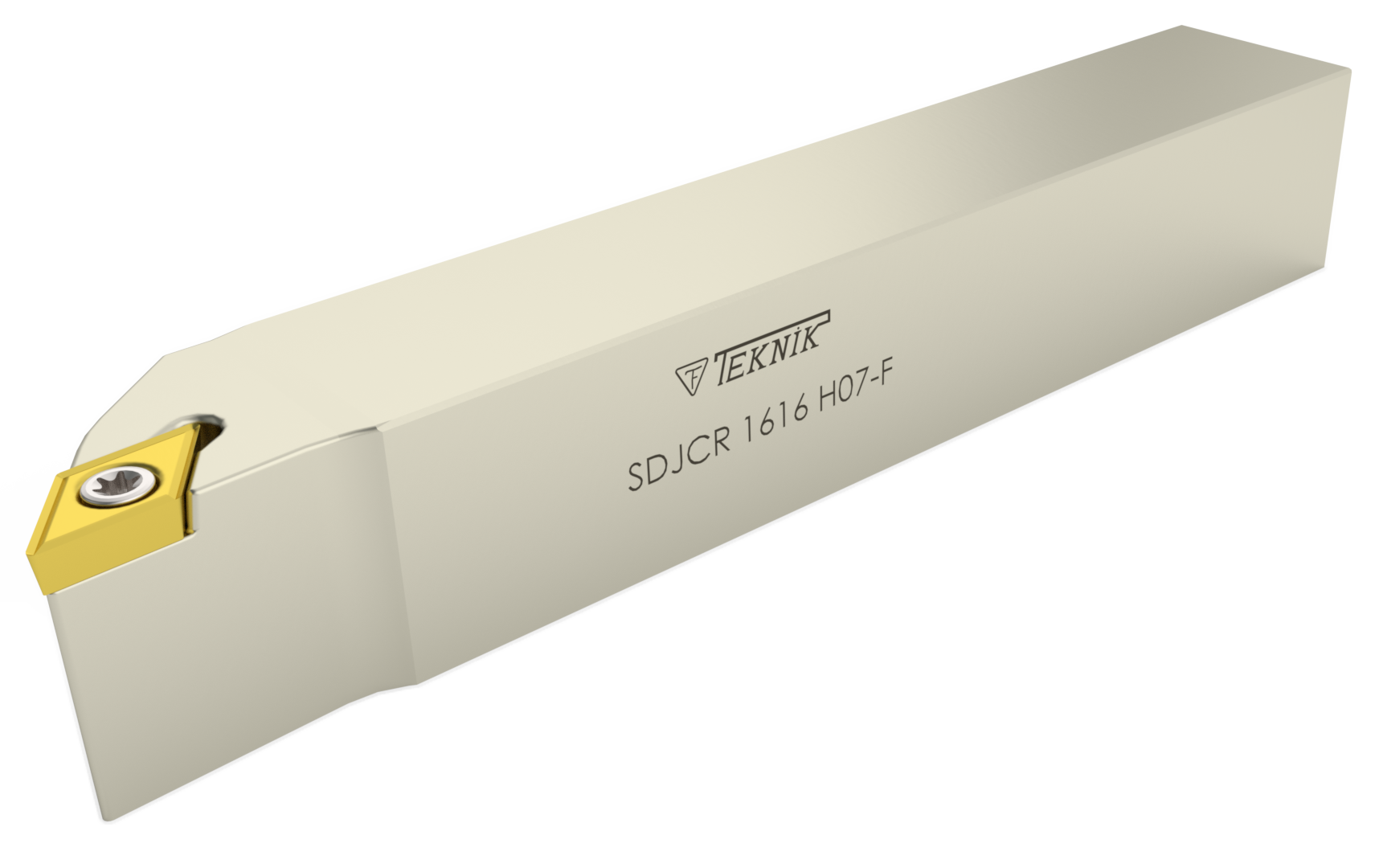 Klemmhalter SDJC auf durchsichtigem Hintergrund. Mit einer Wendeplatte des Typs DCMT. Auf der Seite des Werkzeugs befinden sich das Logo des Herstellers und der Artikelcode.