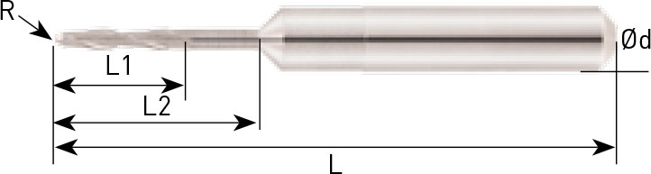 Seitenansicht eines Schaftfräsers auf weißem Hintergrund. Neben dem Fräser sind Linien und Buchstaben für die Größenangabe gezeichnet.