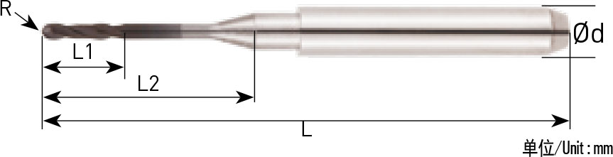 Seitenansicht eines Schaftfräsers auf weißem Hintergrund. Neben dem Fräser sind Linien und Buchstaben für die Größenangabe gezeichnet.