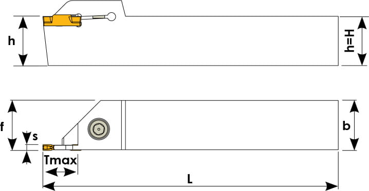 Technische Zeichnung eines Stech-Klemmhalters. Schwarze Linien auf weißem Hintergrund. Die Wendeplatten sind in Gelb angezeigt. Mit Größenangaben. Oben befindet sich die Seitenansicht, unten die Oberansicht.