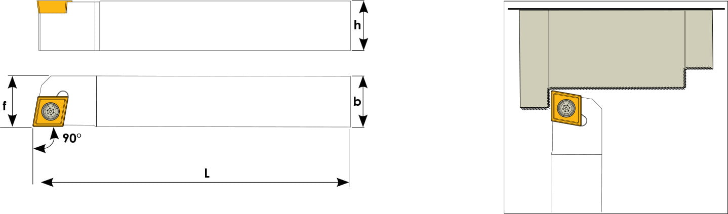 Technische Zeichnung eines Stech-Klemmhalters. Schwarze Linien auf weißem Hintergrund. Die Wendeplatten sind in Gelb angezeigt. Mit Größenangaben. Links befinden sich eine Vorder- und Seitenansicht, links davon ein Benutzungsbeispiel.