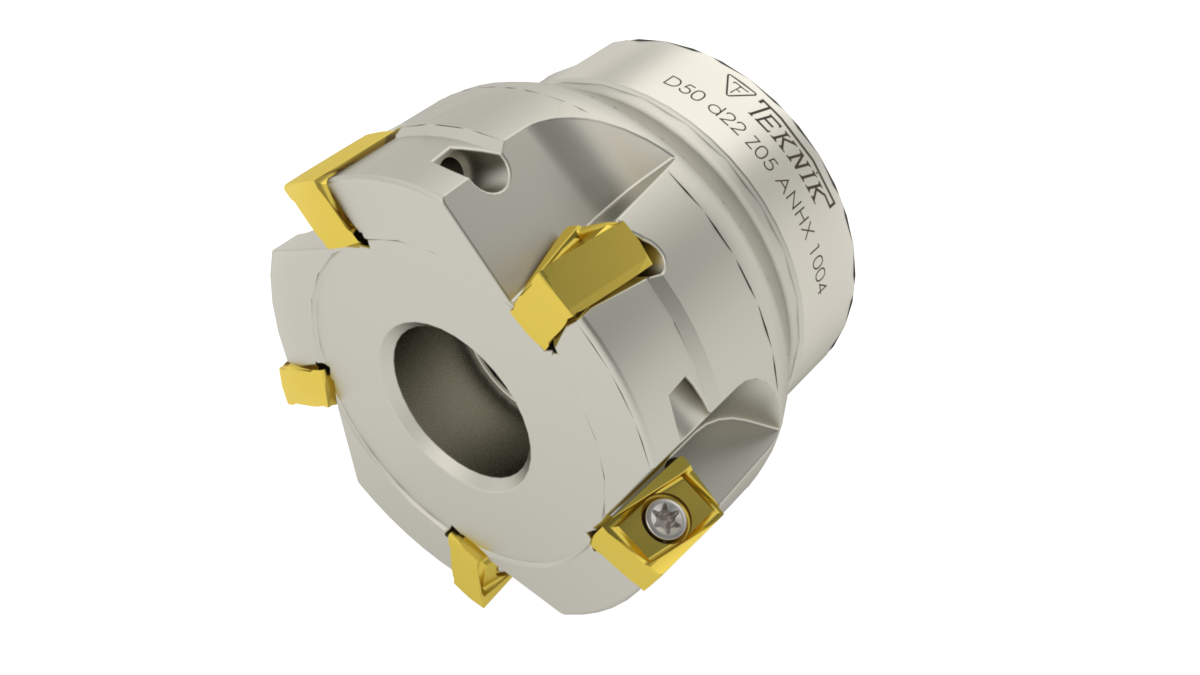 Eckermesskopf auf durchsichtigem Hintergrund. Mit fünf Wendeplatten des Typs ANHX. Auf der Aufnahme des Werkzeugs befinden sich das Logo des Herstellers Teknik Makina und der Artikelcode.