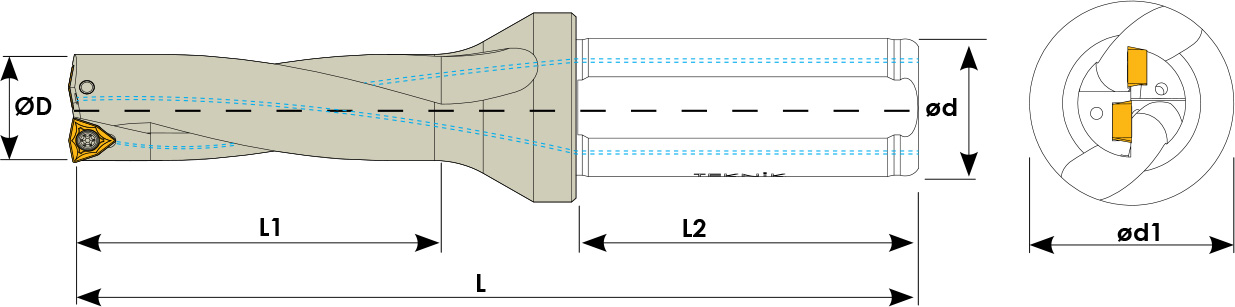 Technische Zeichnung eines Vollbohrers. Schwarze Linien auf weißem Hintergrund. Die Wendeplatten sind in Gelb angezeigt. Links befindet sich eine Seitenansicht, auf der rechten eine Vorderansicht. Mit Größenangaben.