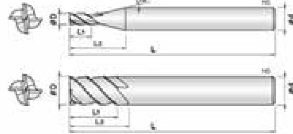 Technische Zeichnung von zwei Schaftfräser. Seitenansicht, daneben befindet sich zwei Vorderansichten. Neben den Zeichnungen befinden sich Linien und Buchstaben für die Größenangaben.