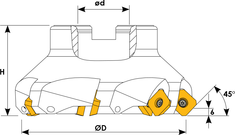 Technische Zeichnung eines Eckmesserkopfes. Schwarze Linien auf weißem Hintergrund. Die Wendeplatten sind in Gelb angezeigt. Mit Größenangaben.