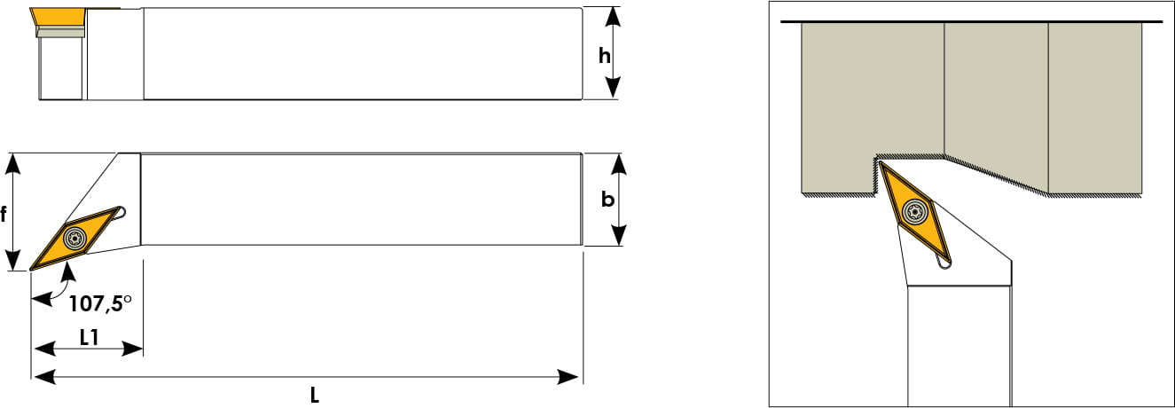 Technische Zeichnung eines Stech-Klemmhalters. Schwarze Linien auf weißem Hintergrund. Die Wendeplatten sind in Gelb angezeigt. Mit Größenangaben. Links befinden sich eine Vorder- und Seitenansicht, links davon ein Benutzungsbeispiel.