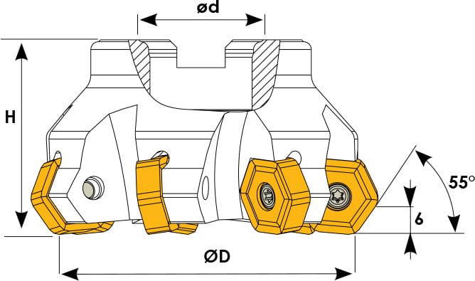 Technische Zeichnung eines Planmesserkopfes. Schwarze Linien auf weißem Hintergrund. Die Wendeplatten sind in Gelb angezeigt. Mit Größenangaben.