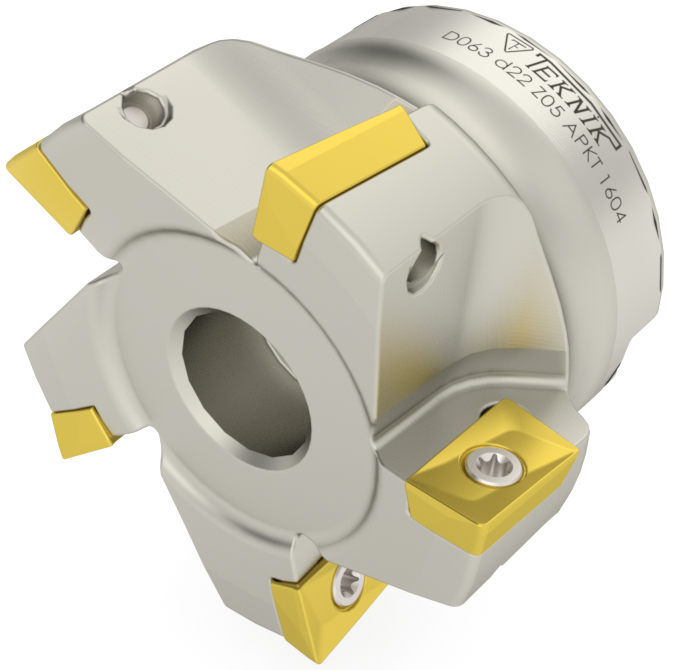 Eckmesserkopf auf weißem Hintergrund. Mit fünf Wendeplatten des Typs APKT. Auf der Aufnahme des Werkzeugs befinden sich das Logo des Herstellers Teknik Makina und der Artikelcode.