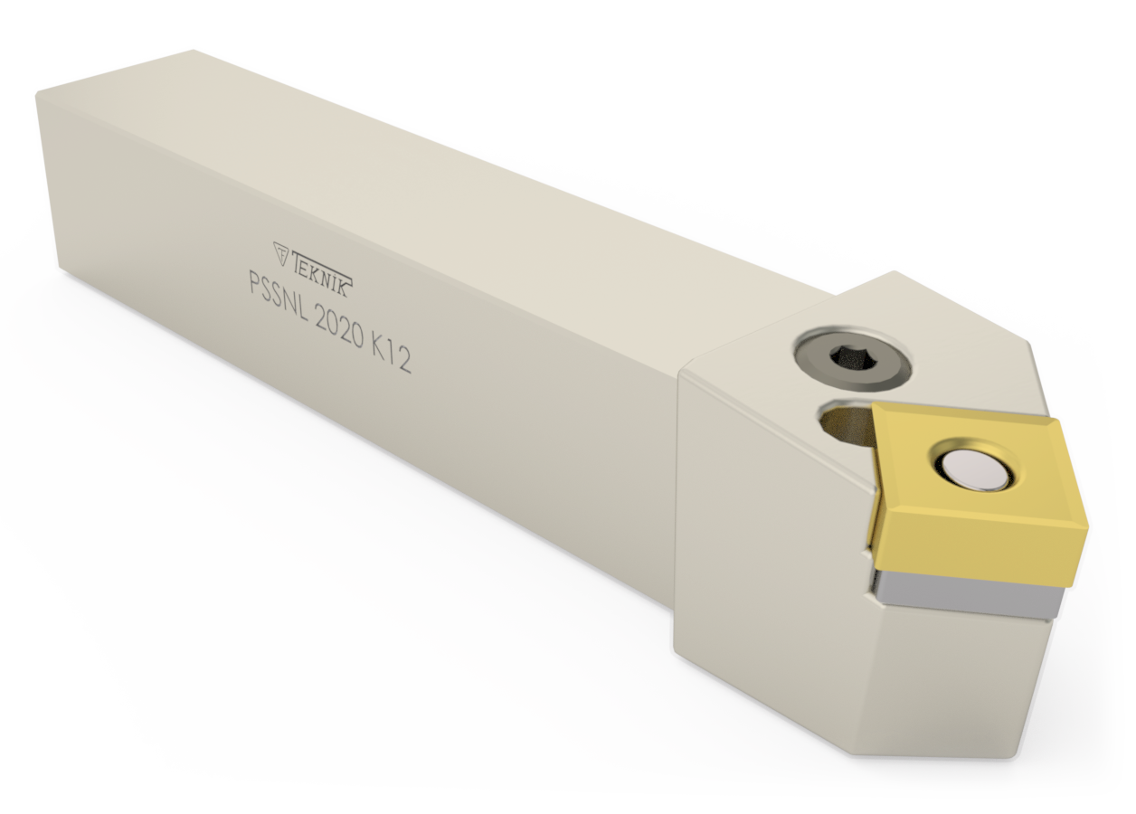 Klemmhalter PSSN auf durchsichtigem Hintergrund. Mit einer Wendeplatte des Typs SNMG. Auf der Seite des Werkzeugs befinden sich das Logo des Herstellers und der Artikelcode.