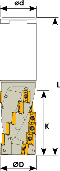 Technische Zeichnung eines Igelfräsers. Schwarze Linien auf weißem Hintergrund. Die Wendeplatten sind in Gelb angezeigt. Mit Größenangaben. 