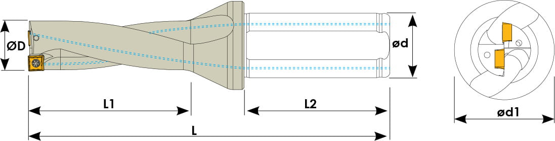 Technische Zeichnung eines Vollbohrers. Schwarze Linien auf weißem Hintergrund. Die Wendeplatten sind in Gelb angezeigt. Links befindet sich eine Seitenansicht, auf der rechten eine Vorderansicht. Mit Größenangaben.