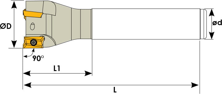 Technische Zeichnung eines Schaftfräsers. Schwarze Linien auf weißem Hintergrund. Die Wendeplatten sind in Gelb angezeigt. Mit Größenangaben.