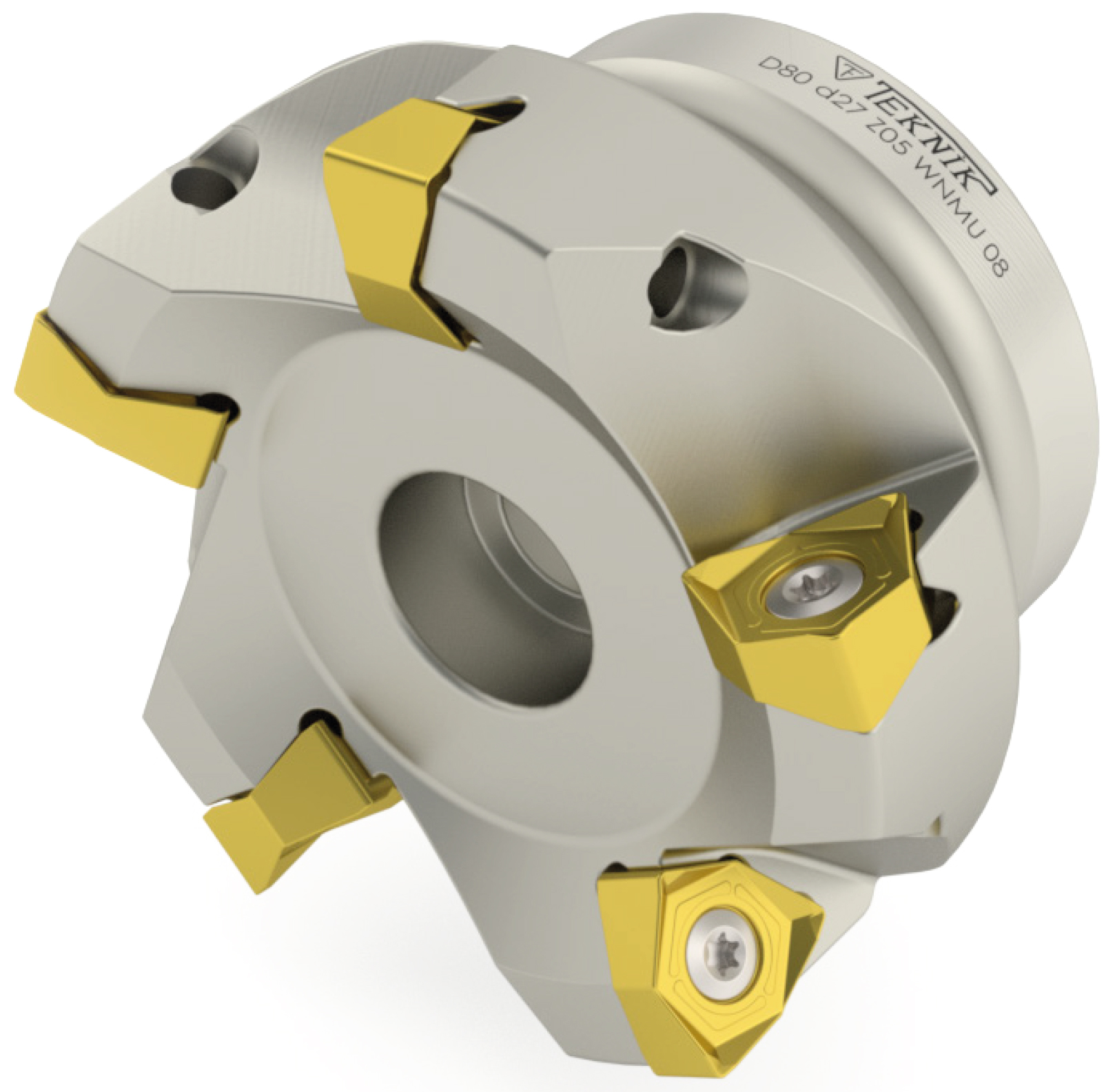 Eckmesserkopf auf weißem Hintergrund. Mit fünf Wendeplatten des Typs WNMU. Auf der Aufnahme des Werkzeugs befinden sich das Logo des Herstellers Teknik Makina und der Artikelcode.