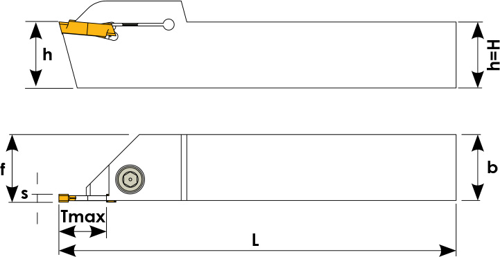 Technische Zeichnung eines Stech-Klemmhalters. Schwarze Linien auf weißem Hintergrund. Die Wendeplatten sind in Gelb angezeigt. Mit Größenangaben. Oben befindet sich die Seitenansicht, unten die Oberansicht.