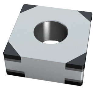 Viereckige CBN Wendeplatte des Typs SNGA auf durchsichtigem Hintergrund. Die Wendeplatte ist grau, acht Ecken sind schwarz wegen der CBN-Beschichtung.