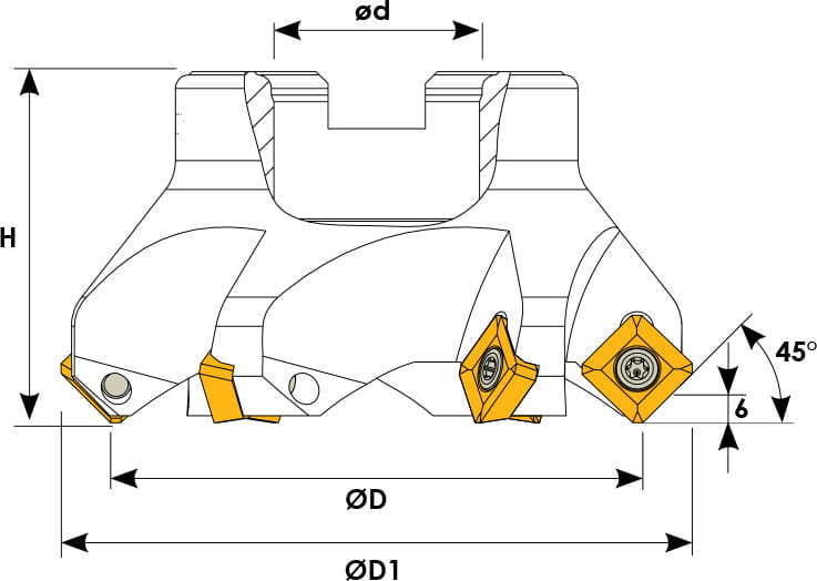 Technische Zeichnung eines Eckmesserkopfes. Schwarze Linien auf weißem Hintergrund. Die Wendeplatten sind in Gelb angezeigt. Mit Größenangaben.