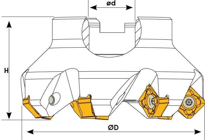 Technische Zeichnung eines Eckmesserkopfes. Schwarze Linien auf weißem Hintergrund. Die Wendeplatten sind in Gelb angezeigt. Mit Größenangaben.