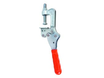 Kukamet Schnellspanner auf weißem Hintergrund. Der Griff ist mit rotem Kunststoff ummantelt. Mit waagerechtem Fuß.