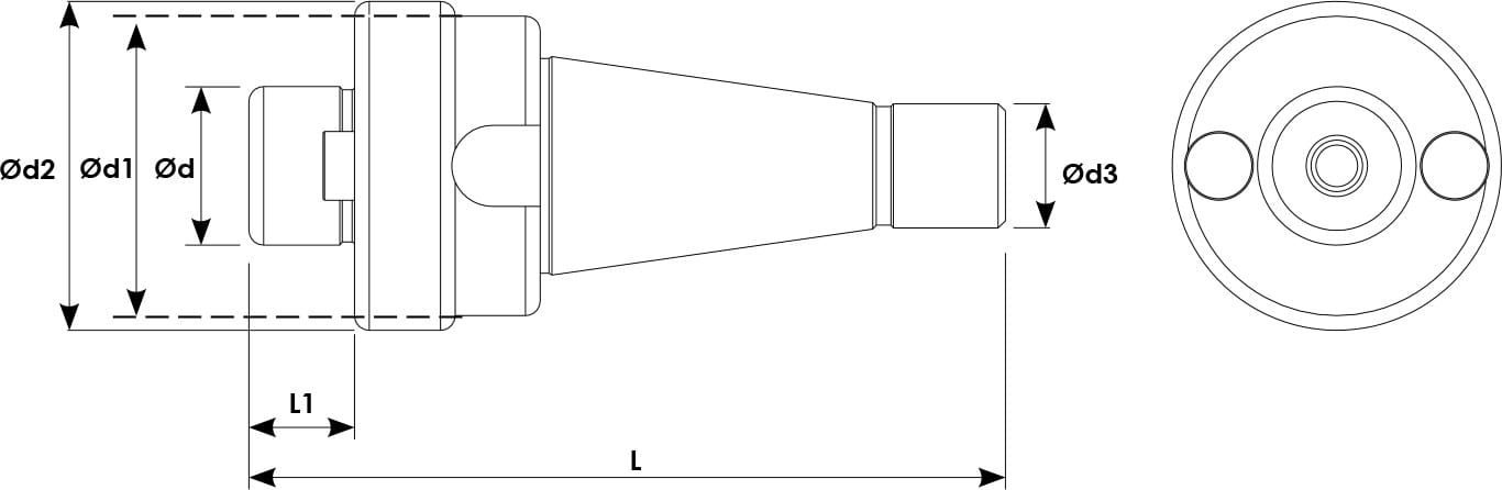 Technische Zeichnung eines Werkzeughalters. Schwarze Linien auf weißem Hintergrund. Mit Größenangaben. Links befindet sich eine Seitenansicht, rechts eine Vorderansicht.