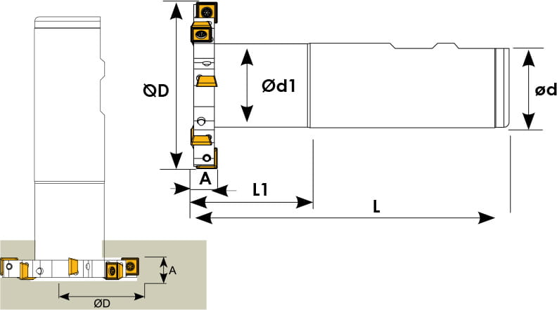 Technische Zeichnung eines T-Nut-Fräsers. Schwarze Linien auf weißem Hintergrund. Die Wendeplatten sind in Gelb angezeigt. Mit Größenangaben. Rechts kann man ein Anwendungsbeispiel sehen, Links eine Seitenansicht des Nutenfräsers.