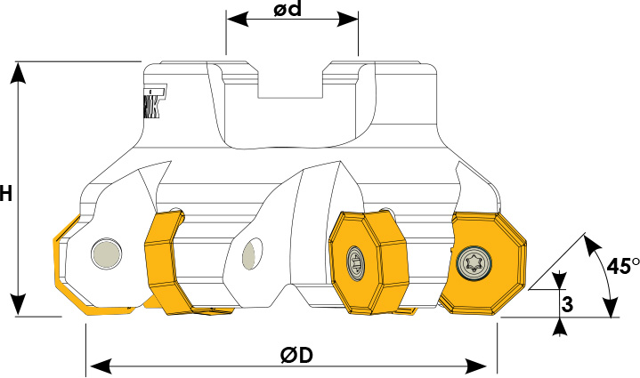 Technische Zeichnung eines Planmesserkopfes. Schwarze Linien auf weißem Hintergrund. Die Wendeplatten sind in Gelb angezeigt. Mit Größenangaben.
