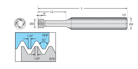 Technische Zeichnung eines Gewindefräsers auf weißem Hintergrund. Mit Größenangaben. Unter der Zeichnung ist eine Detailaufnahme der Schneiden, mit Winkelangaben.