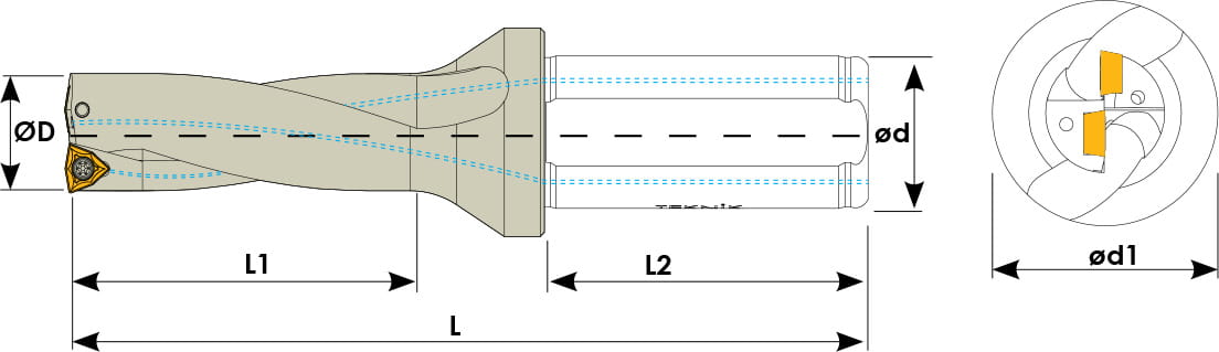 Technische Zeichnung eines Vollbohrers. Schwarze Linien auf weißem Hintergrund. Die Wendeplatten sind in Gelb angezeigt. Links befindet sich eine Seitenansicht, auf der rechten eine Vorderansicht. Mit Größenangaben.