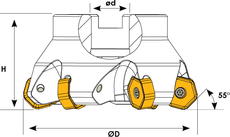 Technische Zeichnung eines Eckmesserkopfes. Schwarze Linien auf weißem Hintergrund. Die Wendeplatten sind in Gelb angezeigt. Mit Größenangaben.