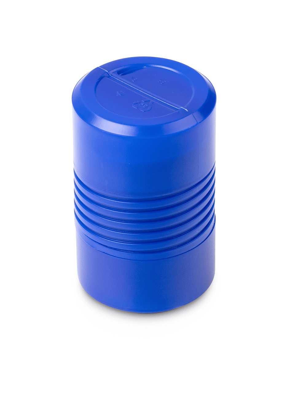Blaues Kunststoff Etui für Einzelgewichte. Das Etui ist zylindrisch mit Rillen auf der Seite. Es sieht ein bisschen so aus wie eine Dose für Filme oder eine Regentonne in Miniatur.