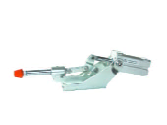 Kukamet Pneumatischer Schubstangenspanner auf weißem Hintergrund. Der Fuß ist flach und der Arm endet in einem roten Kunststoffkopf. 