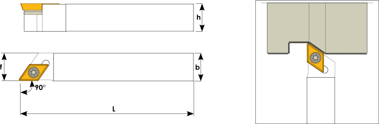 Technische Zeichnung eines Stech-Klemmhalters. Schwarze Linien auf weißem Hintergrund. Die Wendeplatten sind in Gelb angezeigt. Mit Größenangaben. Links befinden sich eine Vorder- und Seitenansicht, links davon ein Benutzungsbeispiel.