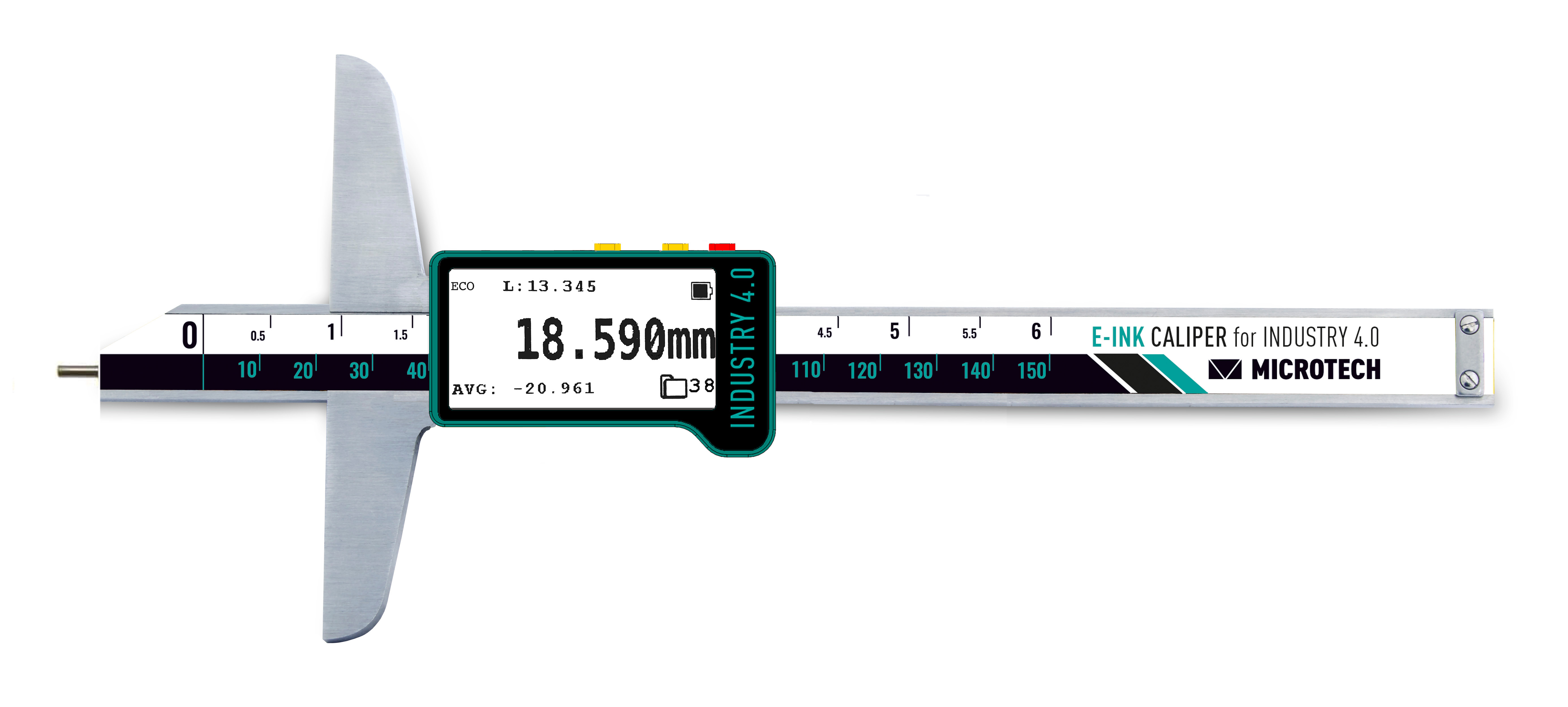 150mm Digitaler Tiefenmessschieber, 0,005mm Auflösung, E‑Ink Display, Wireless+USB, IP 54, Nagelspitze — Microtech Metrology