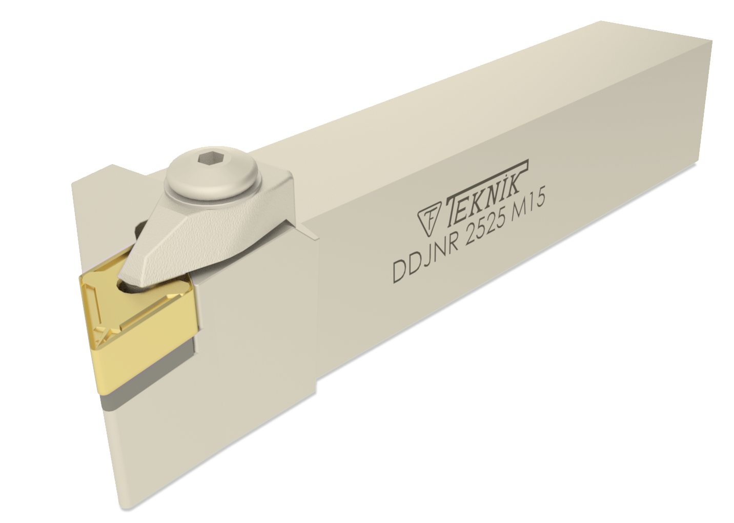 Klemmhalter DDJN auf weißem Hintergrund. Mit einer Wendeplatte des Typs DN--. Auf der Seite des Werkzeugs befinden sich das Logo des Herstellers und der Artikelcode.