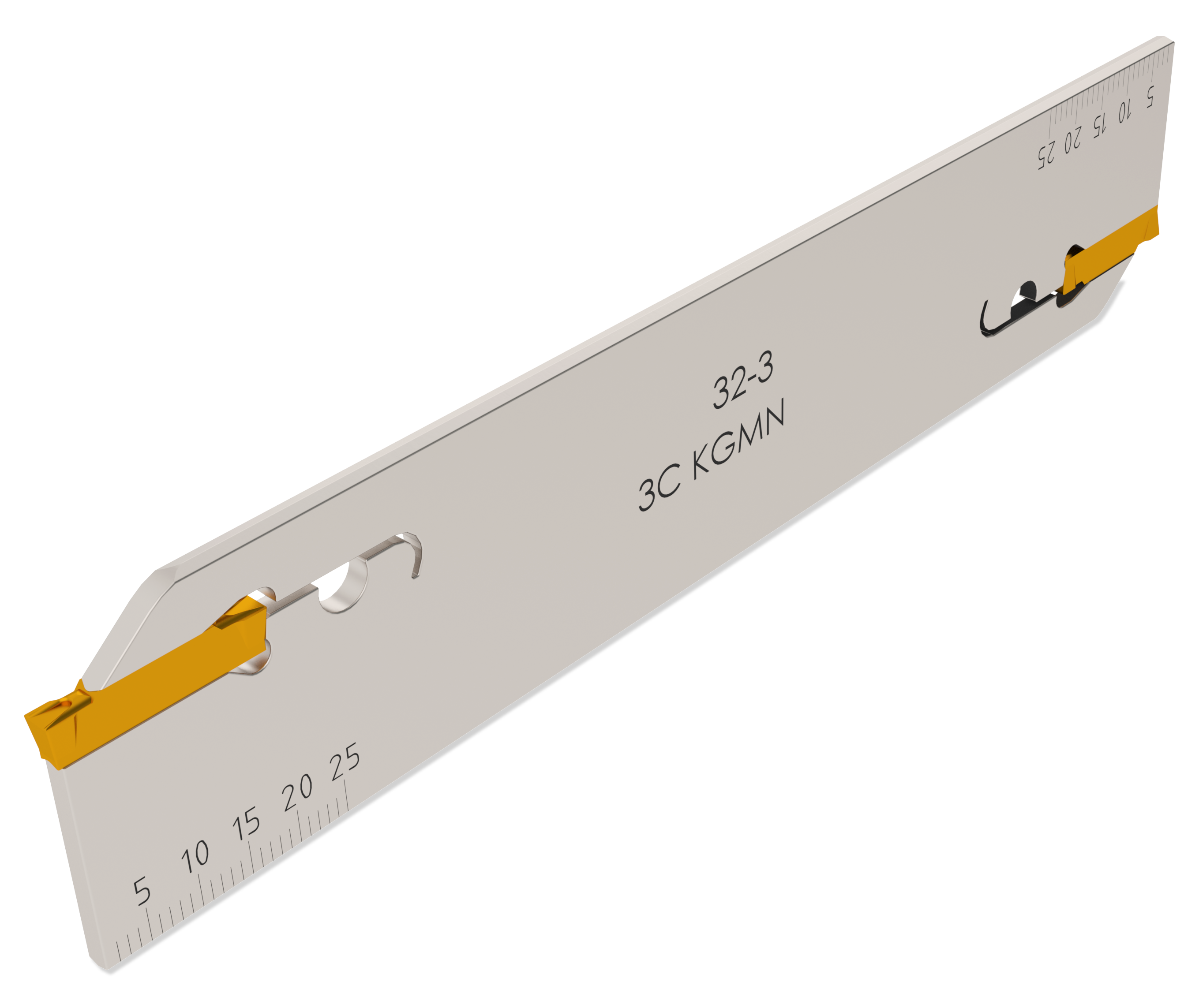 Stechschwert für Stechplatten auf weißem Hintergrund. In dem Stechschwert sind zwei gelbe Wendeplatten eingelassen. Auf der Oberfläche sind Zahlen von 5 bis 25 markiert, wie ein Lineal.