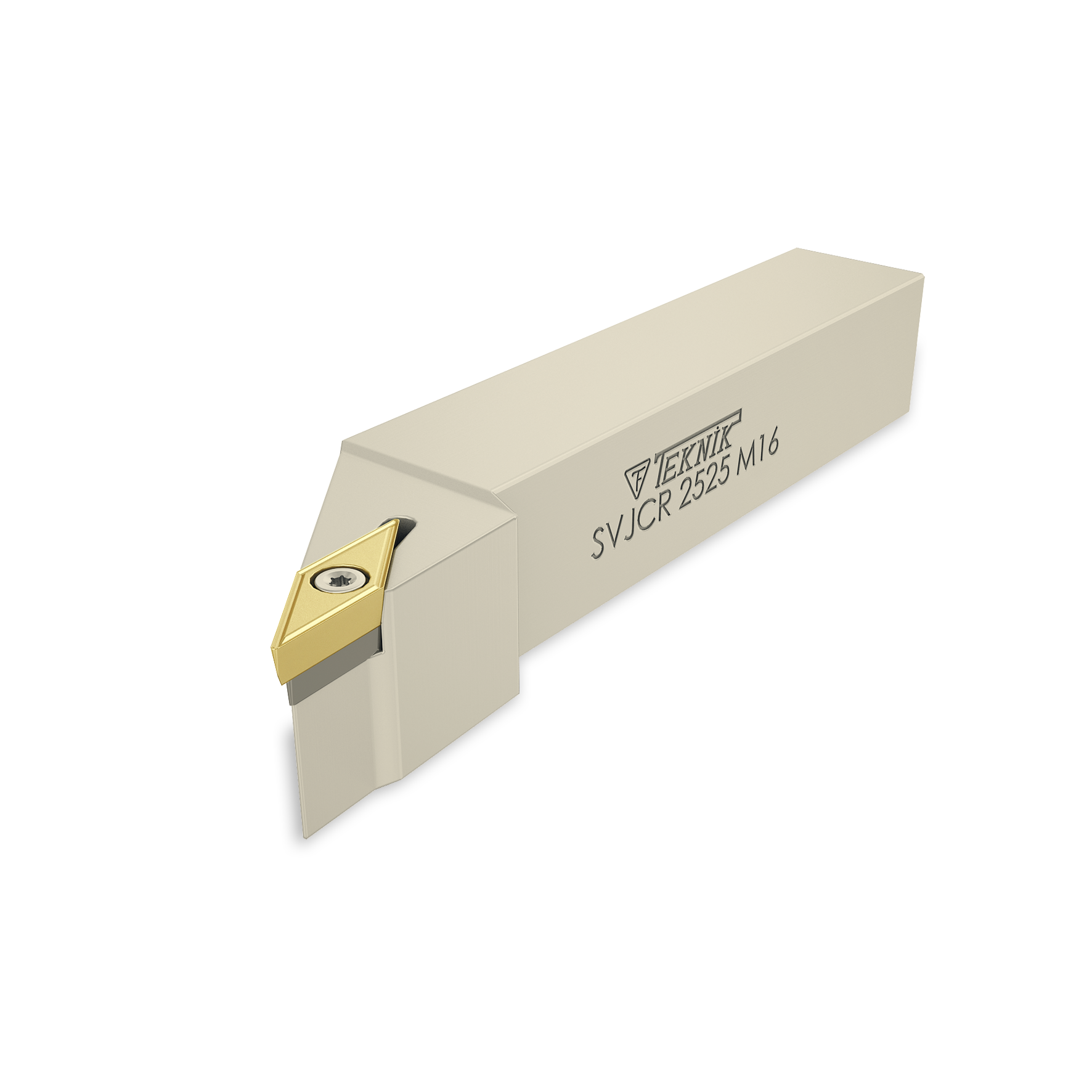 Klemmhalter SVJC auf weißem Hintergrund. Mit einer Wendeplatte des Typs VCMT. Auf der Seite des Werkzeugs befinden sich das Logo des Herstellers und der Artikelcode.