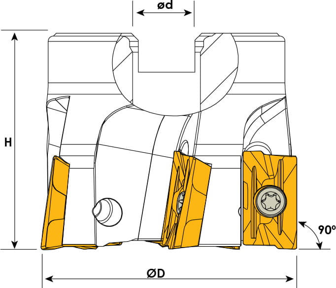 Technische Zeichnung eines Eckmesserkopfes. Schwarze Linien auf weißem Hintergrund. Die Wendeplatten sind in Gelb angezeigt. Mit Größenangaben.