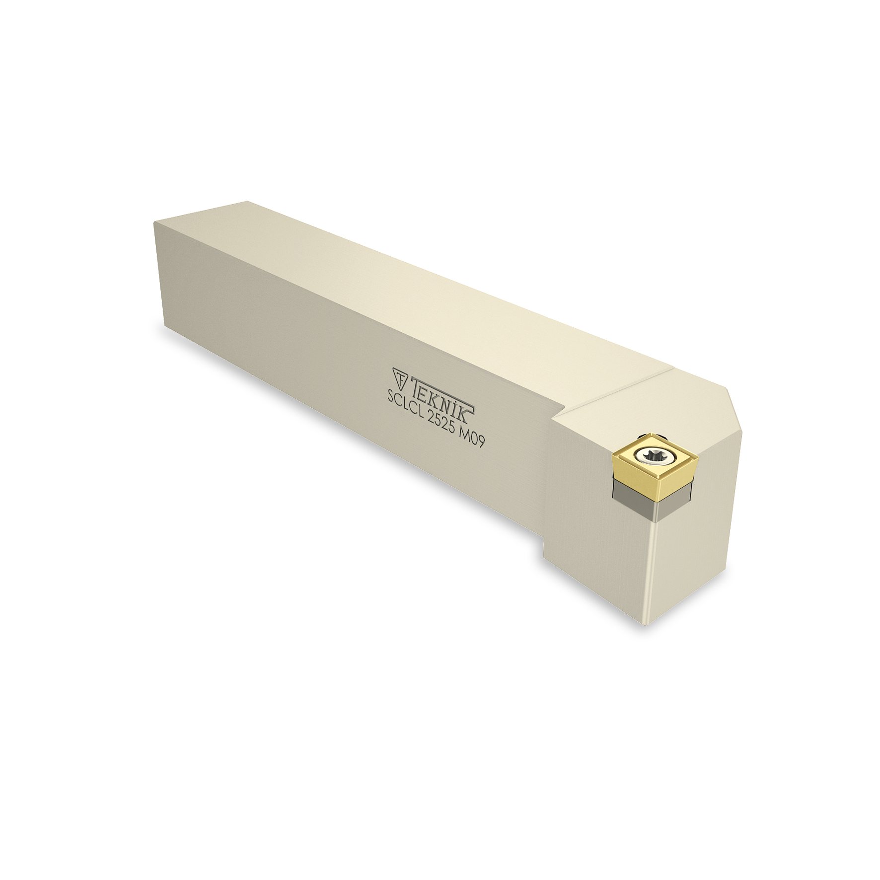 Klemmhalter SCLC auf weißem Hintergrund. Mit einer Wendeplatte des Typs CCMT. Auf der Seite des Werkzeugs befinden sich das Logo des Herstellers und der Artikelcode.