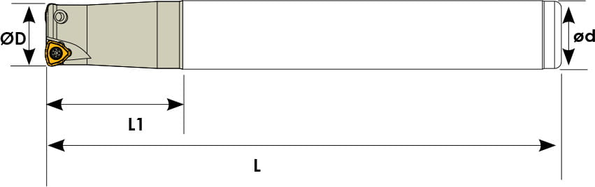 Technische Zeichnung eines Schaftfräsers. Schwarze Linien auf weißem Hintergrund. Die Wendeplatten sind in Gelb angezeigt. Mit Größenangaben.